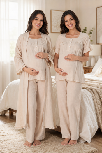 Effortt Bej Müslin Kumaş %100 Pamuk Hamile Lohusa Pijama Takımı Sabahlık 3084
